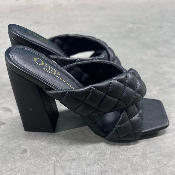 New Black Criss Cross Quilted Mule Block Heels - Picture 10 of 12